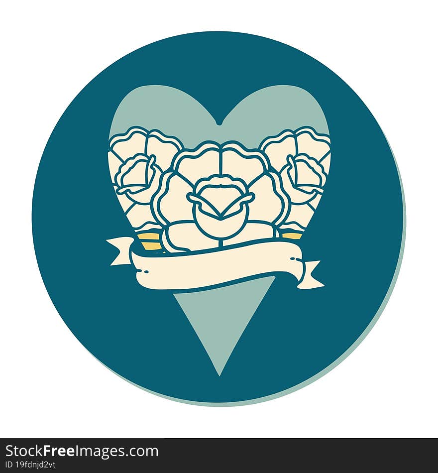 Tattoo Style Sticker Of A Heart And Banner With Flowers