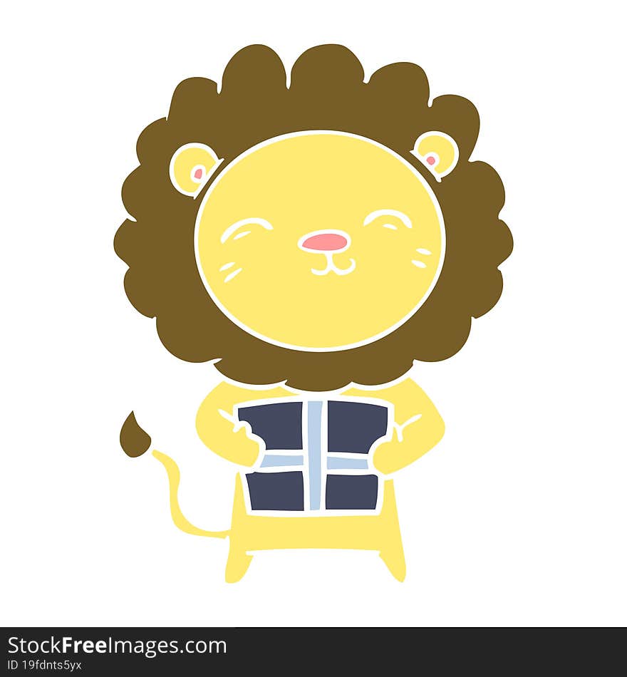 flat color style cartoon lion with christmas present