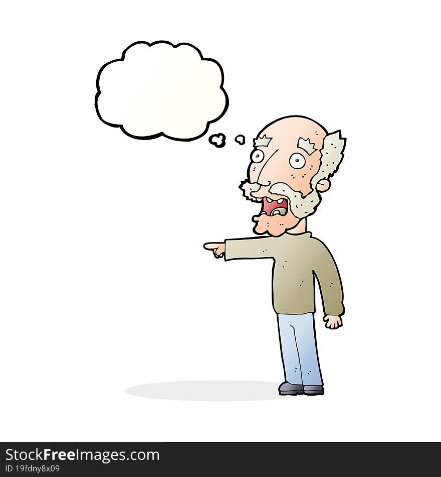 cartoon scared old man pointing with thought bubble