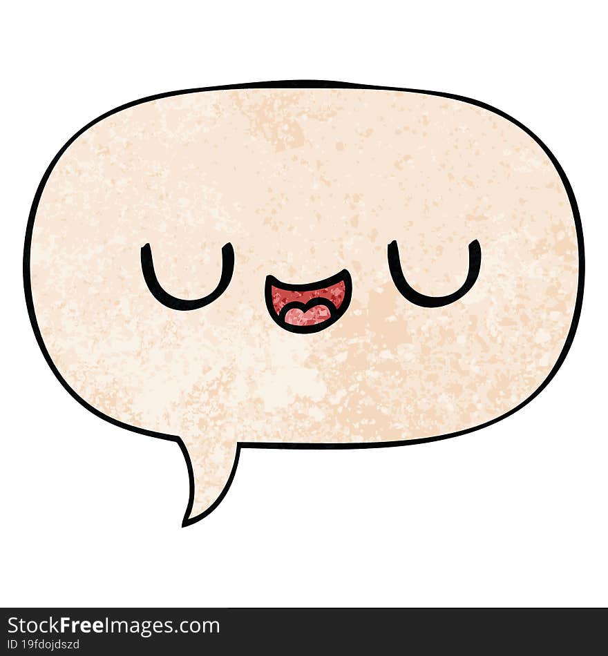 cute cartoon face and speech bubble in retro texture style