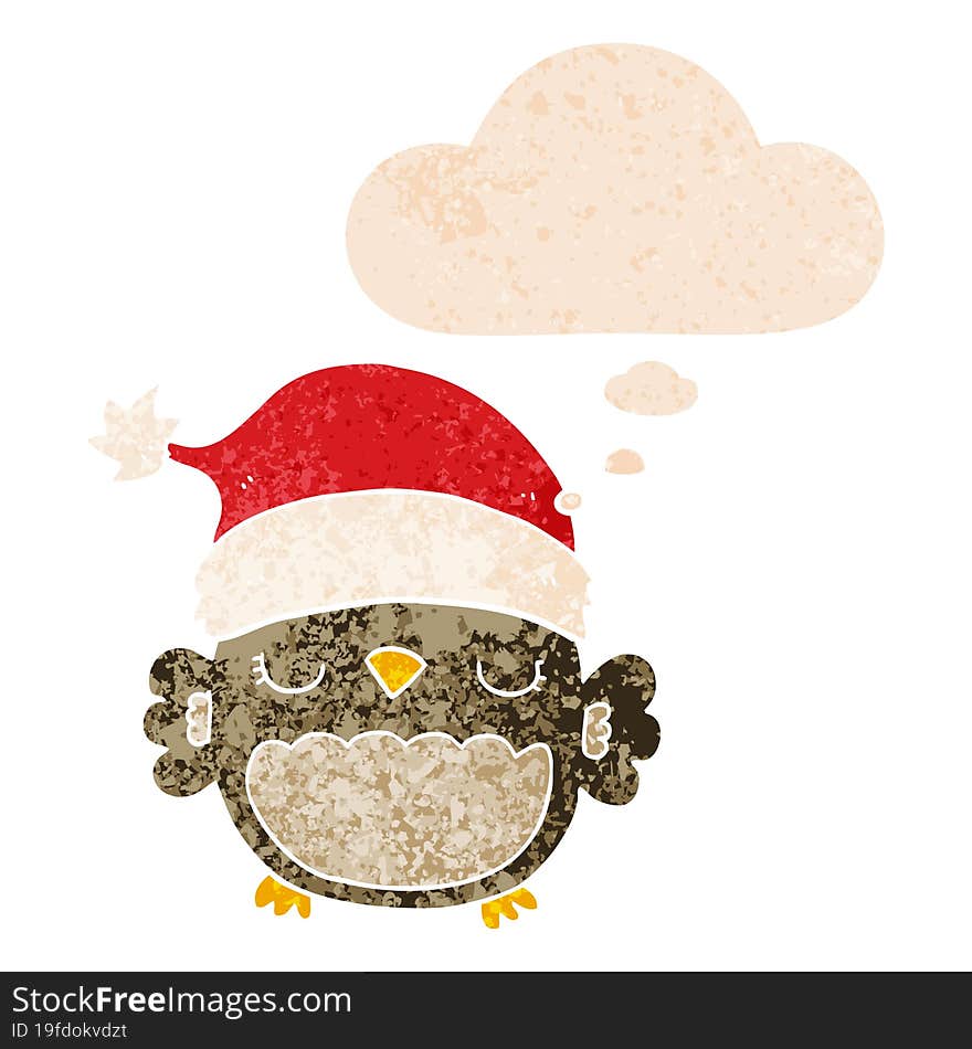 Cute Christmas Owl And Thought Bubble In Retro Textured Style