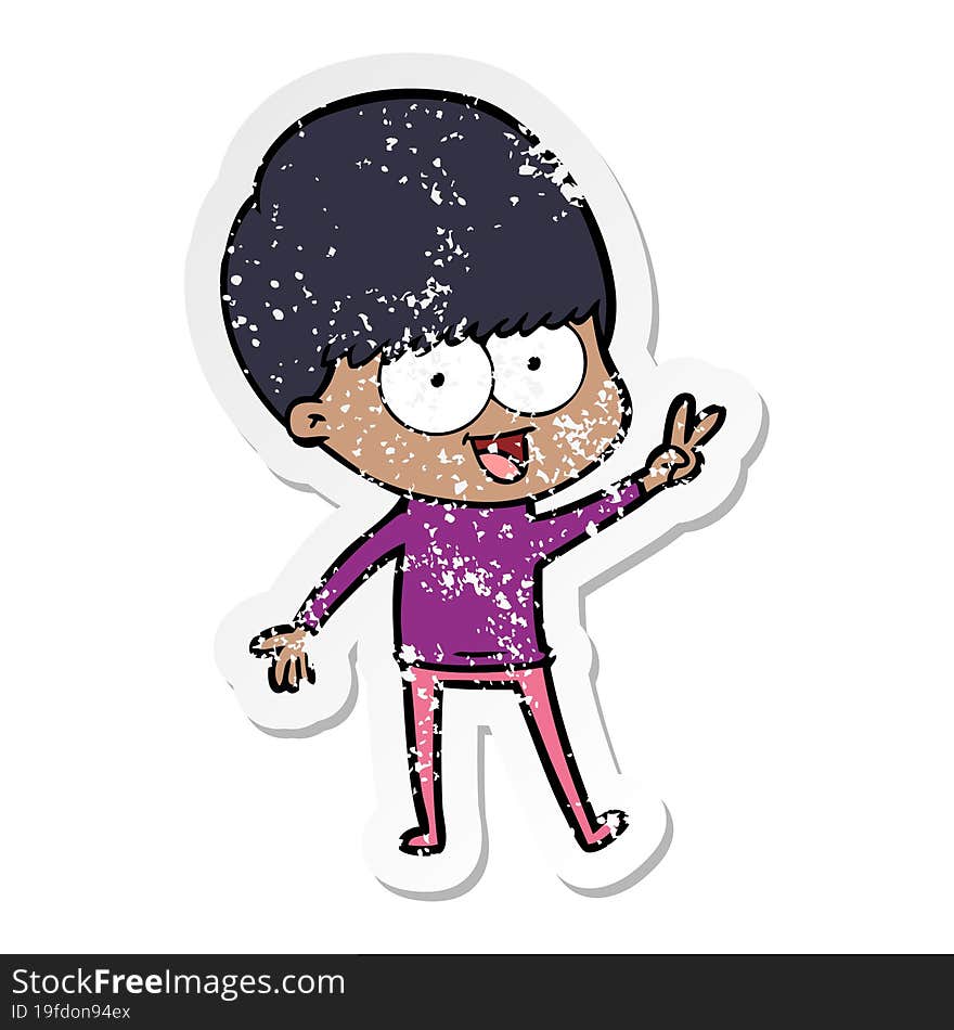 distressed sticker of a happy cartoon boy waving