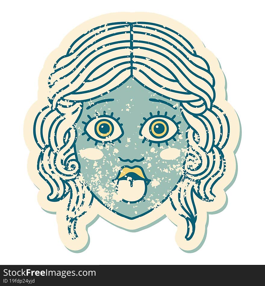 distressed sticker tattoo style icon of female face sticking out tongue