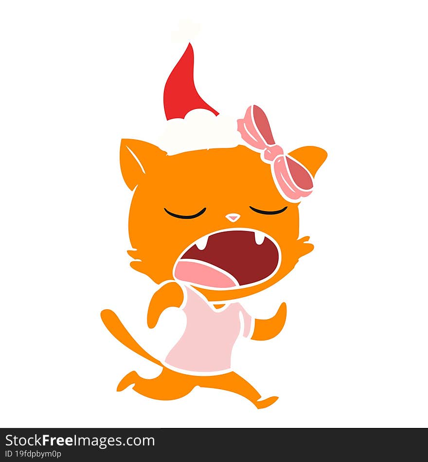 flat color illustration of a yawning cat wearing santa hat