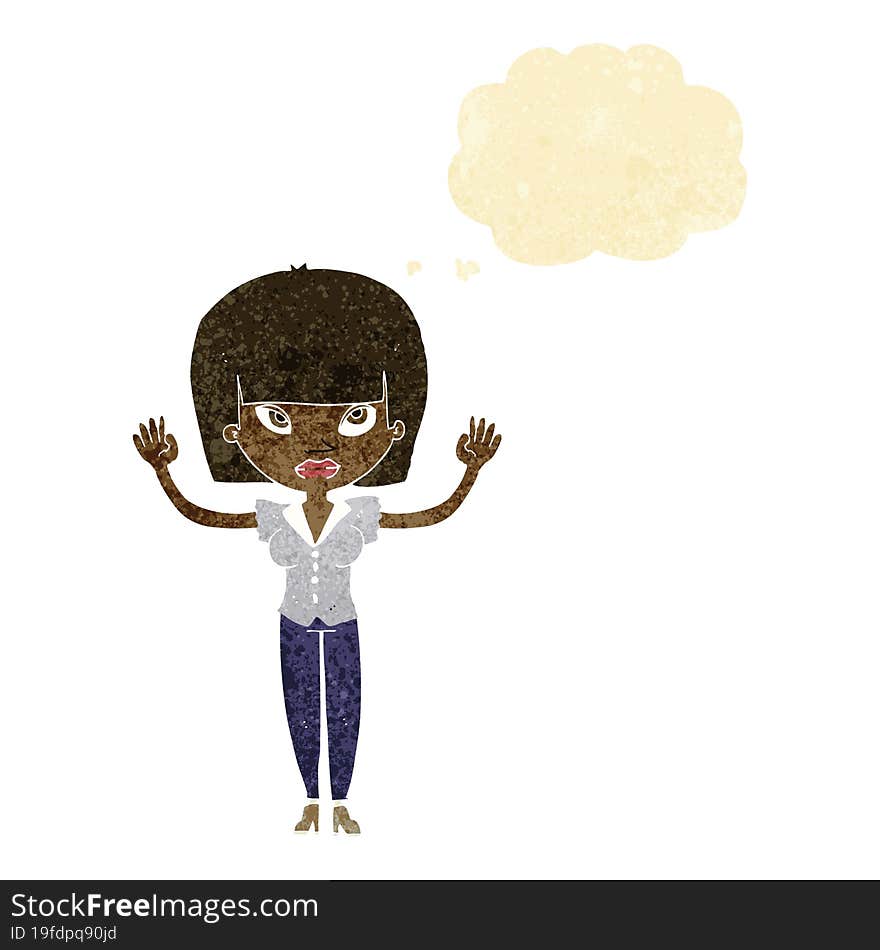 cartoon woman with raised hands with thought bubble