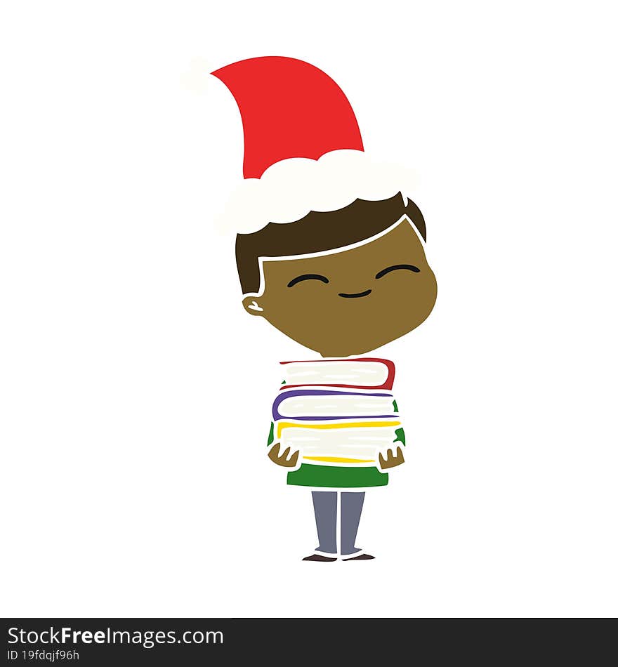 flat color illustration of a smiling boy with stack of books wearing santa hat