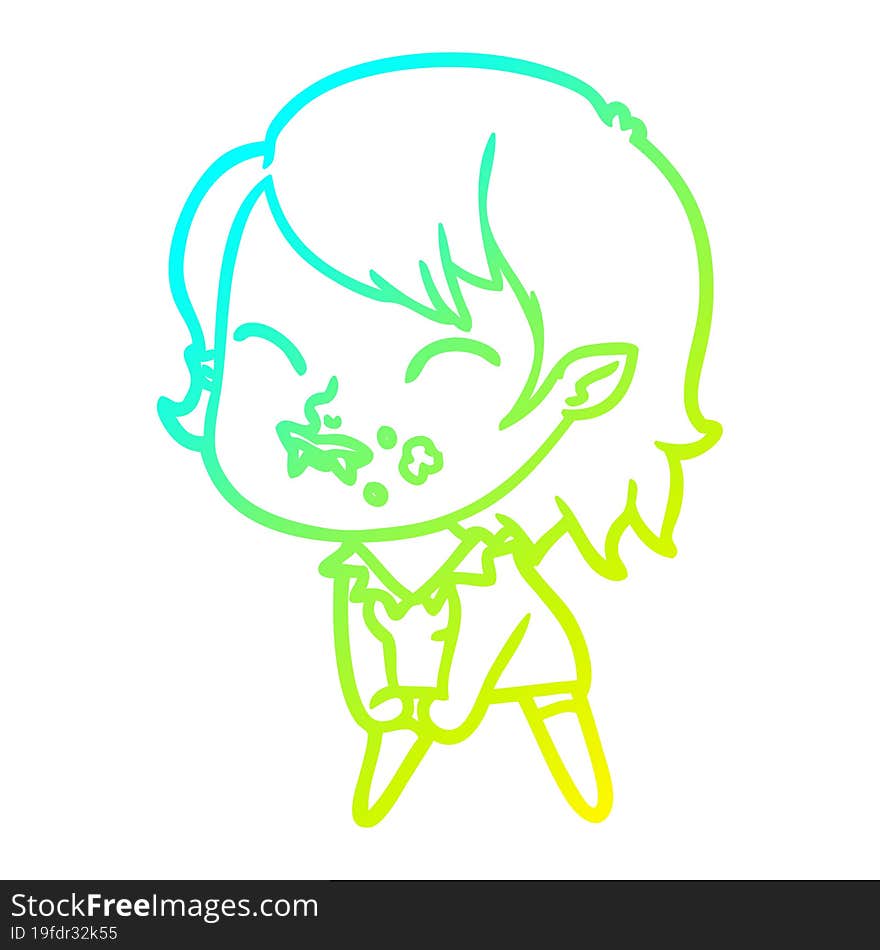 cold gradient line drawing cartoon vampire girl with blood on cheek