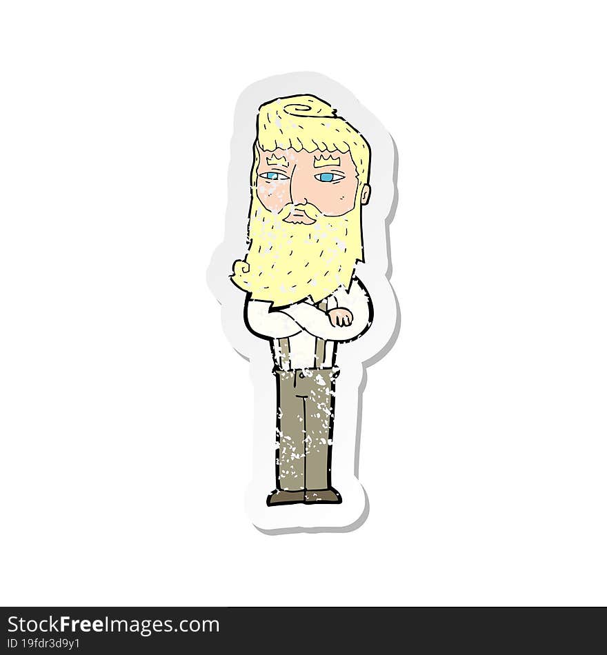 retro distressed sticker of a cartoon serious man with beard