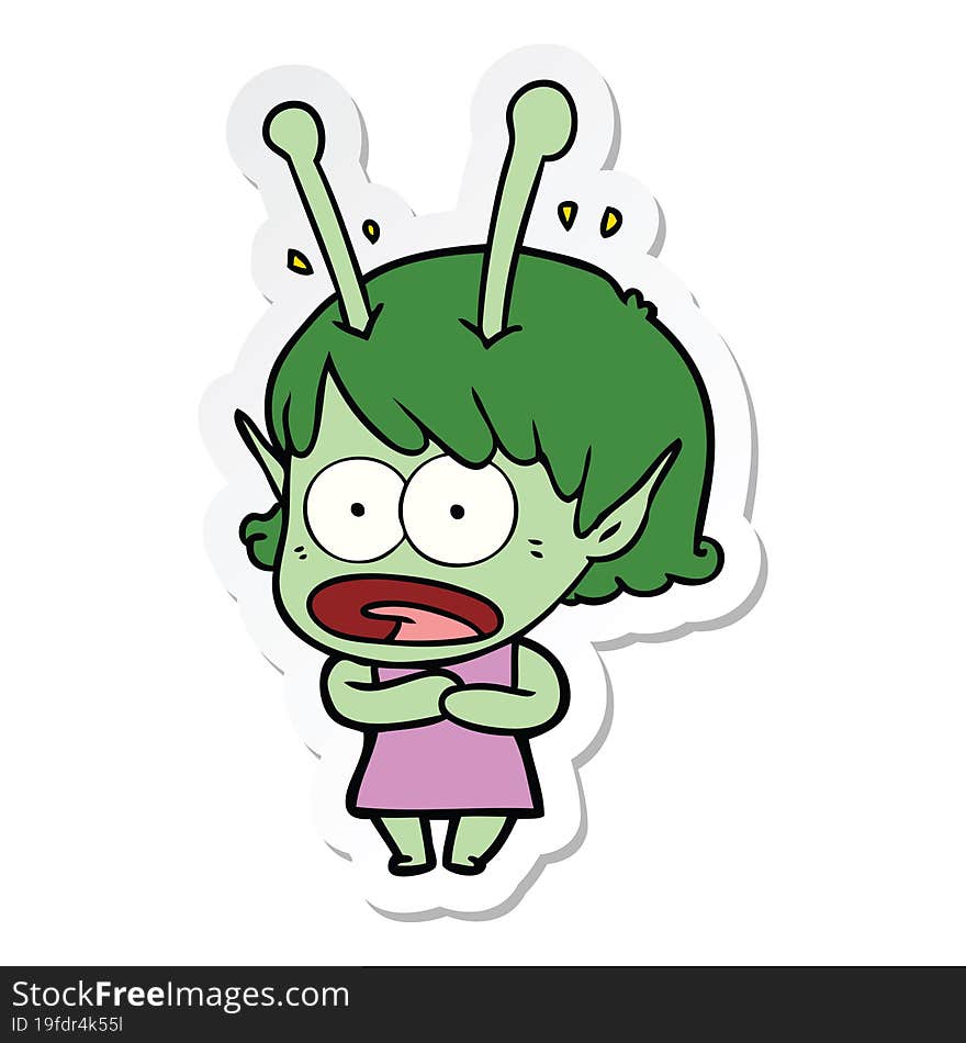 sticker of a cartoon shocked alien girl