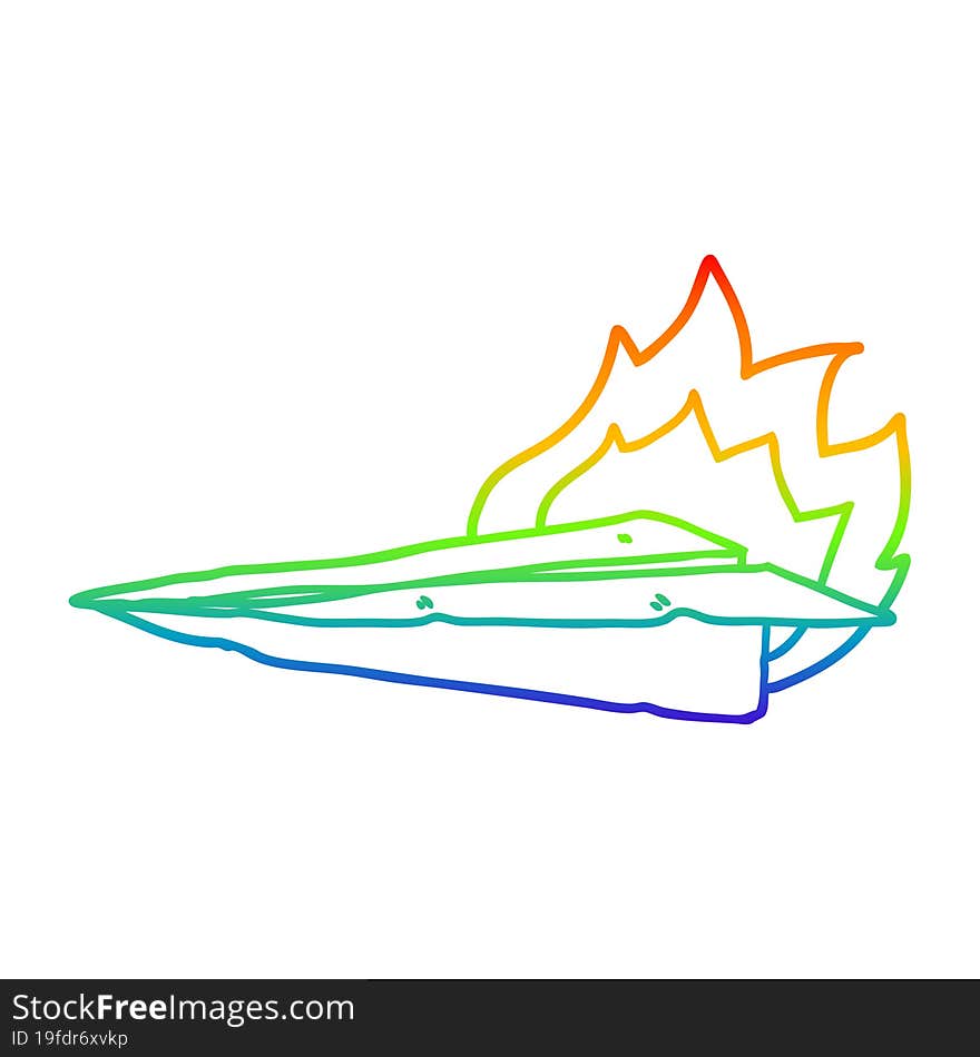 rainbow gradient line drawing of a cartoon burning paper airplane