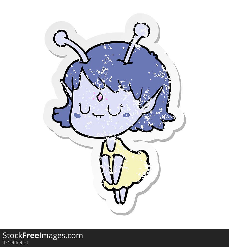 distressed sticker of a cartoon alien girl