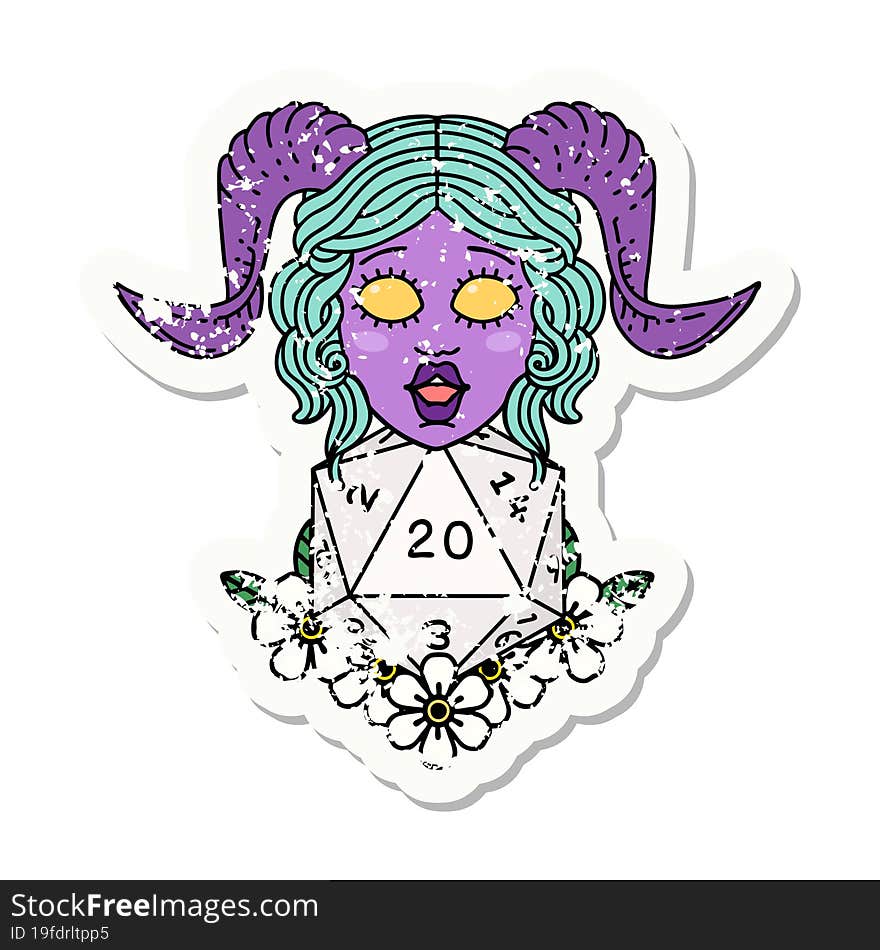 tiefling with natural twenty dice roll grunge sticker