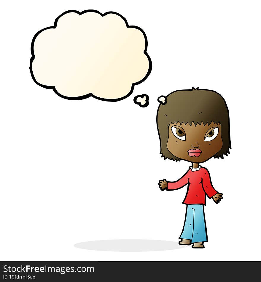 cartoon woman with open arms with thought bubble