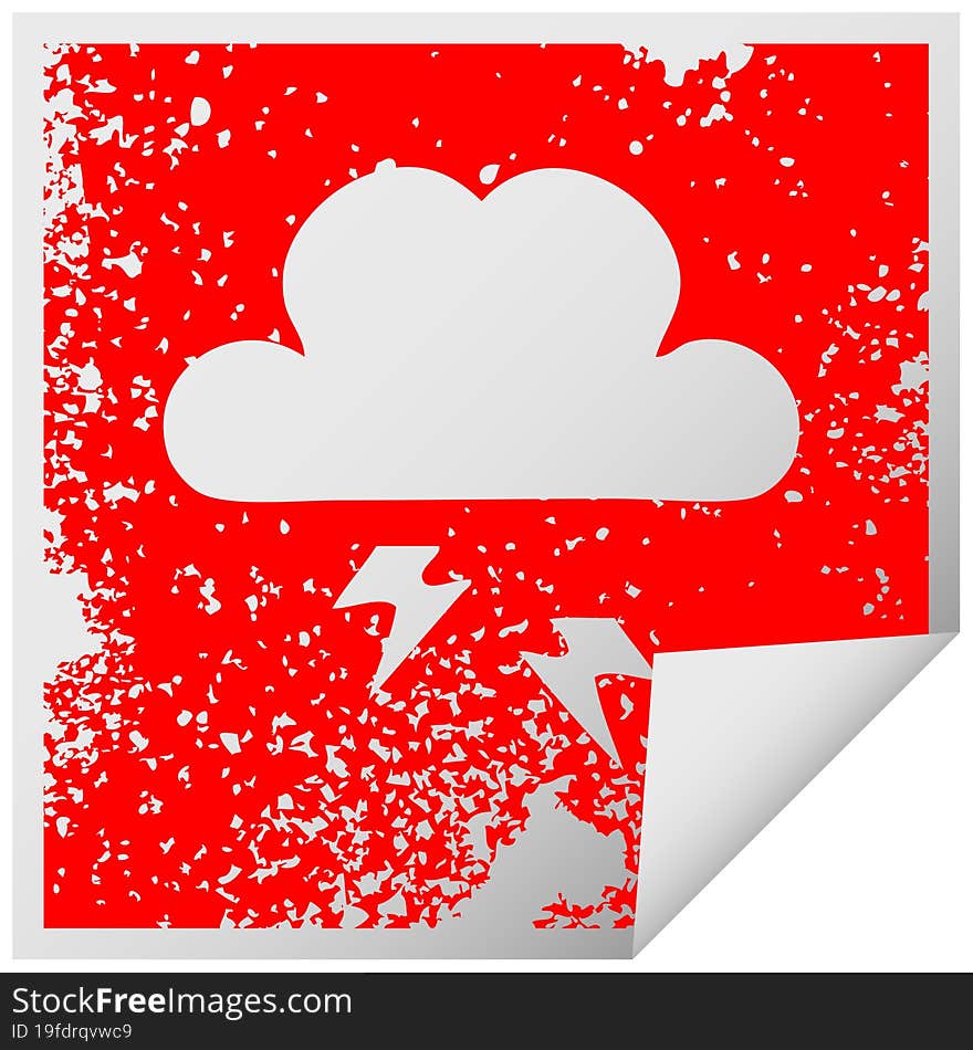 distressed square peeling sticker symbol of a thunder cloud