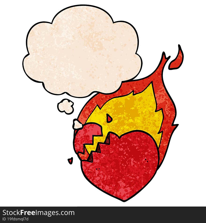 cartoon flaming heart and thought bubble in grunge texture pattern style