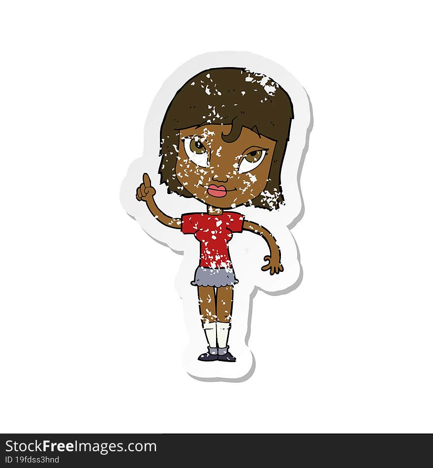 retro distressed sticker of a cartoon woman with idea