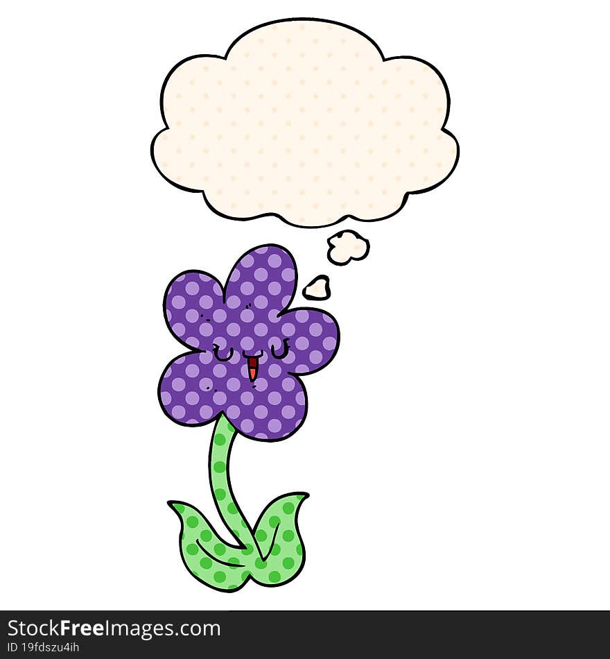 cartoon flower with happy face with thought bubble in comic book style