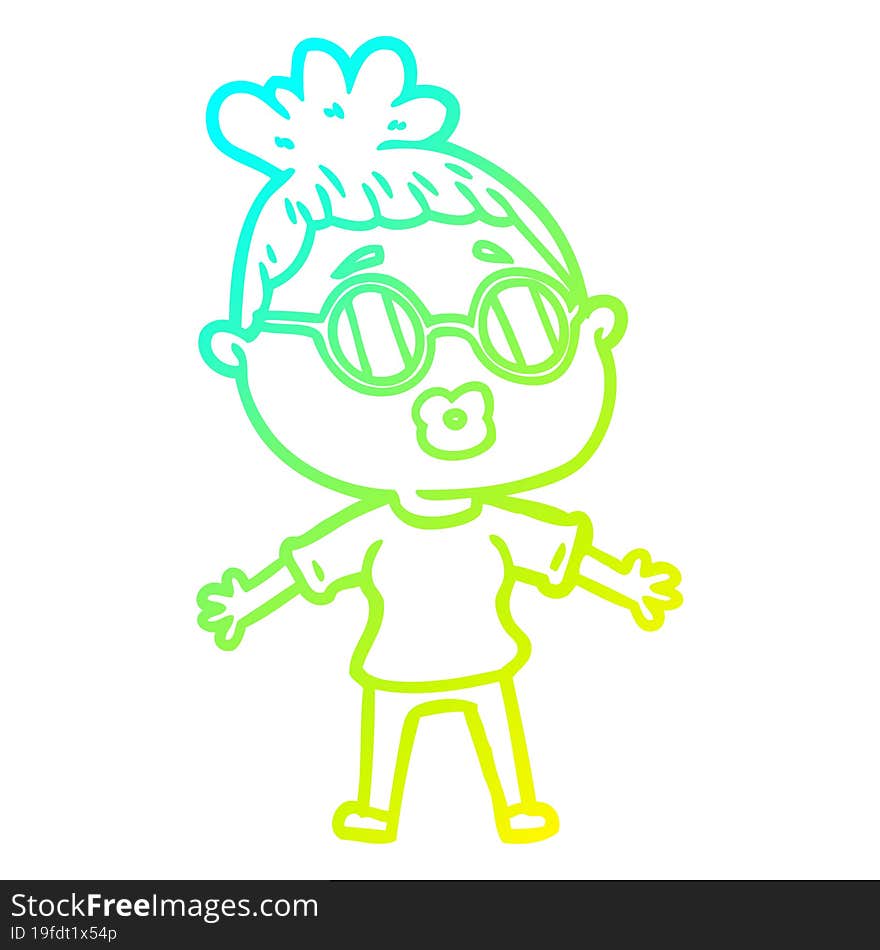 cold gradient line drawing of a cartoon woman wearing spectacles