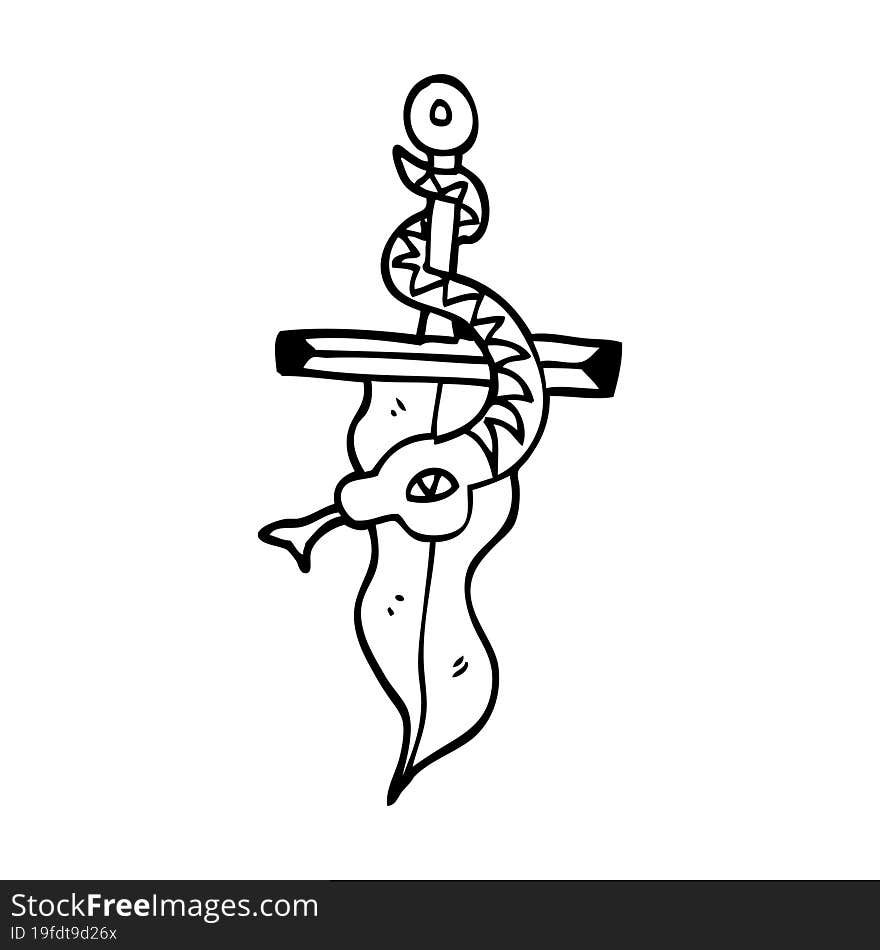 line drawing cartoon dagger and snake tattoo