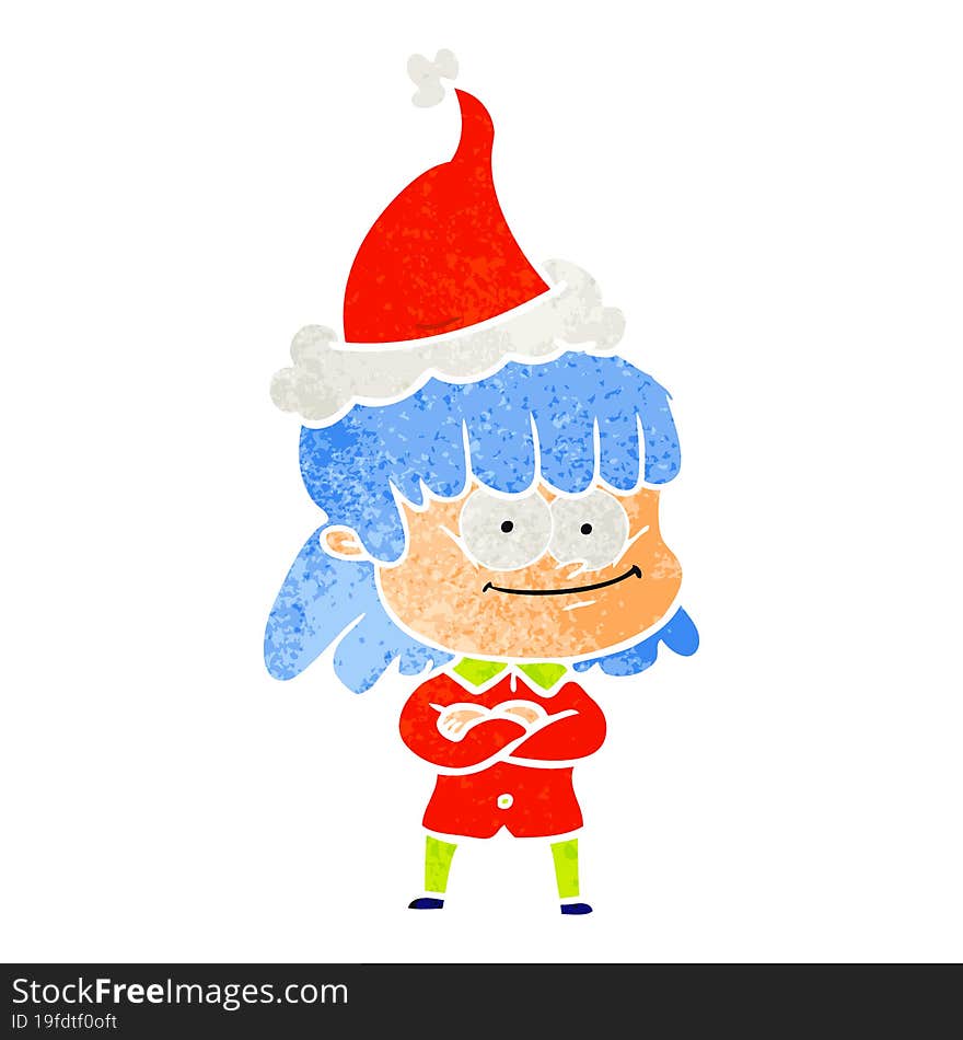 retro cartoon of a smiling woman wearing santa hat