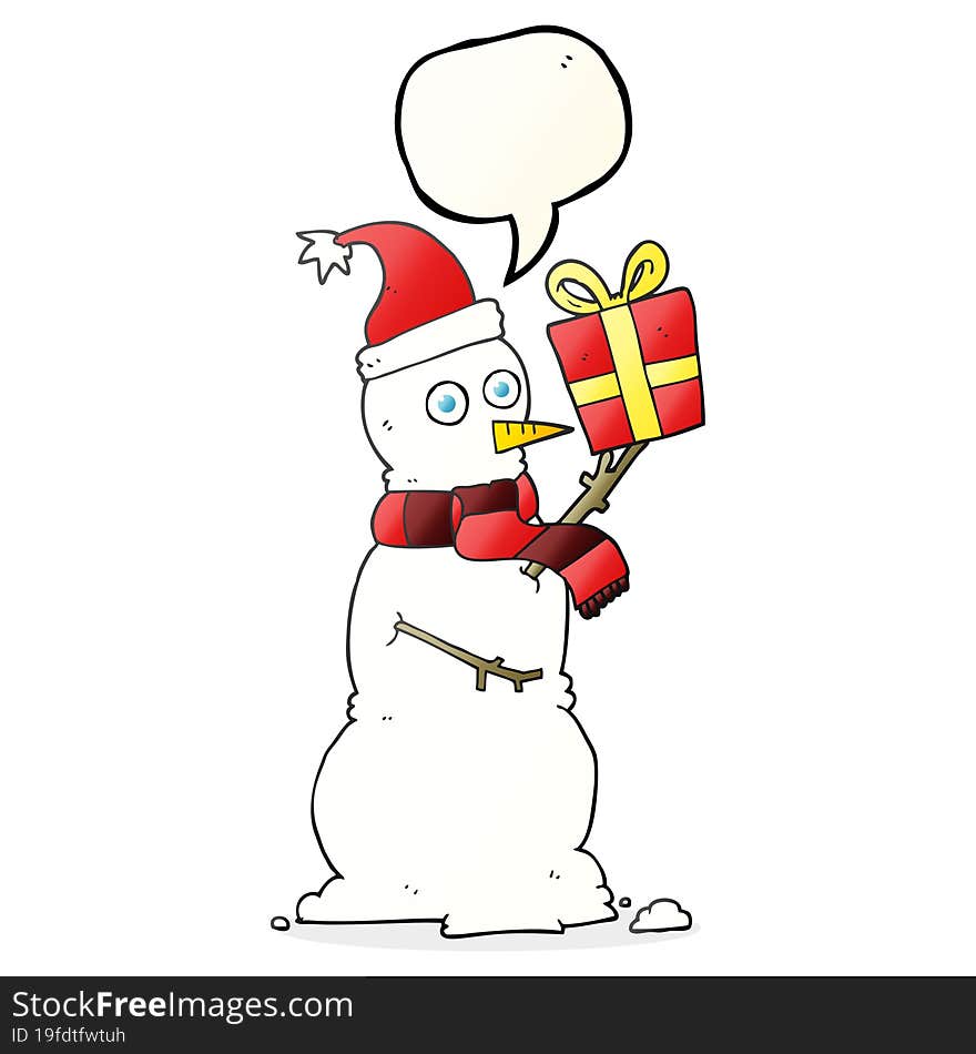 freehand drawn speech bubble cartoon snowman holding present