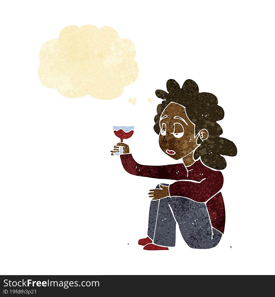 cartoon unhappy woman with glass of wine with thought bubble