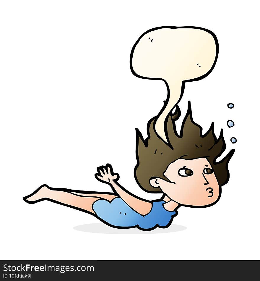 cartoon woman swimming underwater with speech bubble