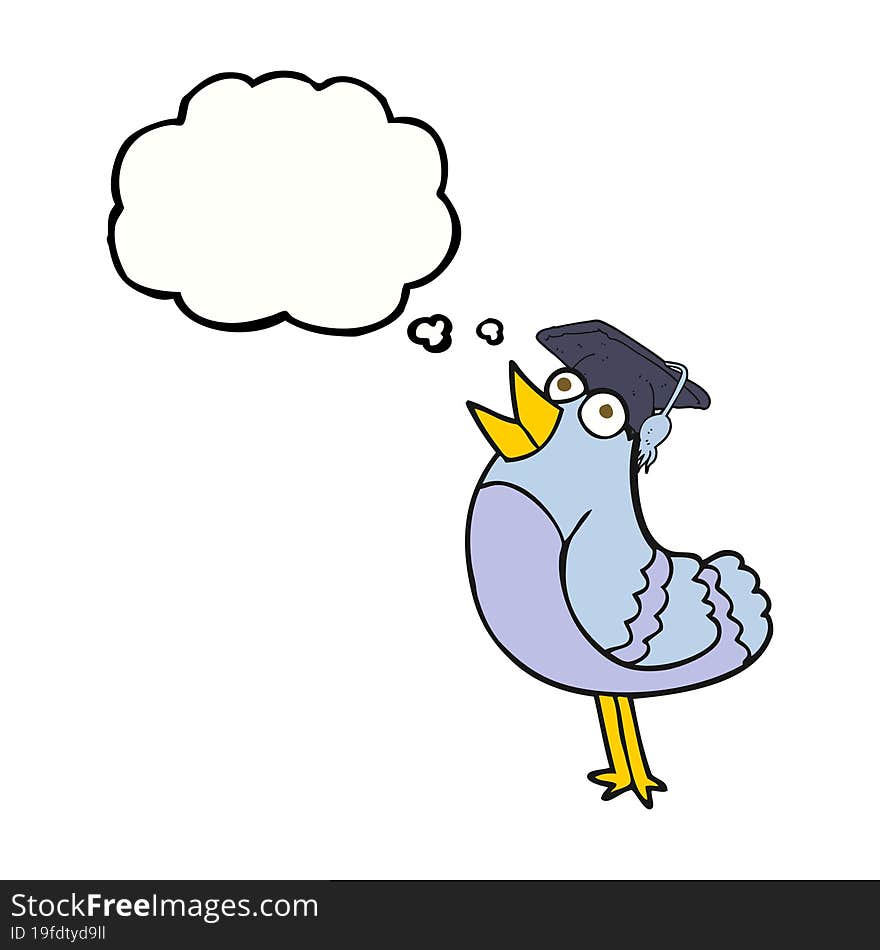 freehand drawn thought bubble cartoon bird wearing graduation cap