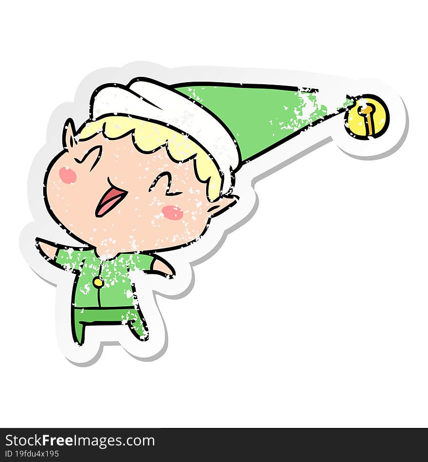 Distressed Sticker Of A Cartoon Happy Christmas Elf