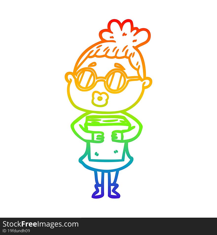 rainbow gradient line drawing cartoon woman with book wearing spectacles