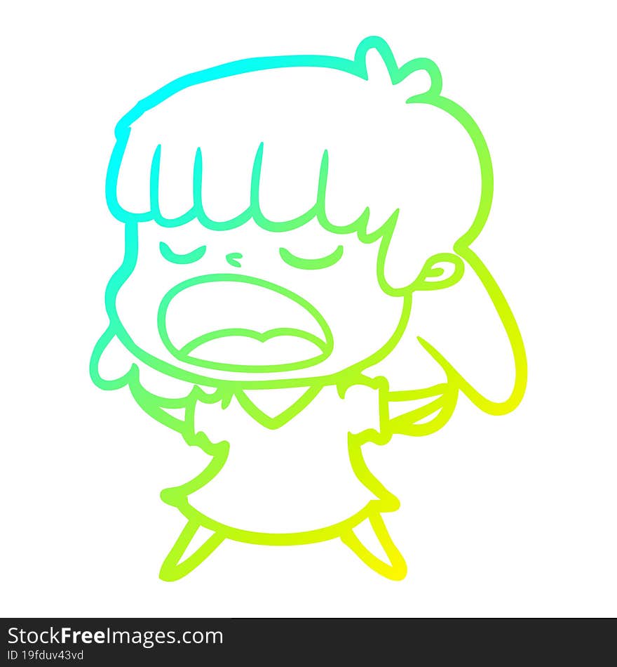 cold gradient line drawing of a cartoon woman talking loudly