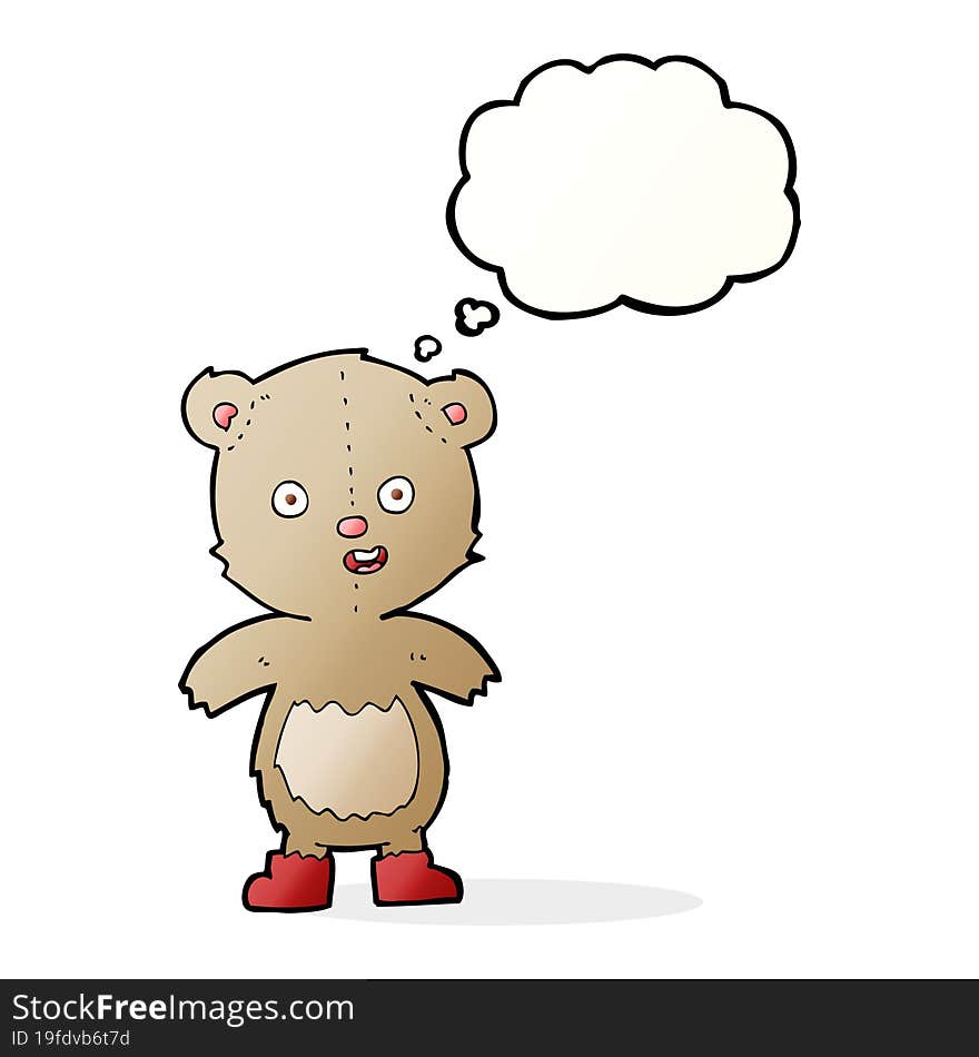 cartoon happy teddy bear in boots with thought bubble