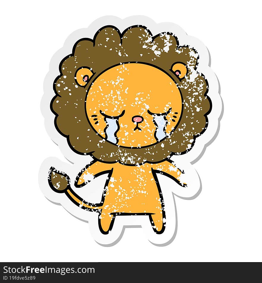 Distressed Sticker Of A Crying Cartoon Lion