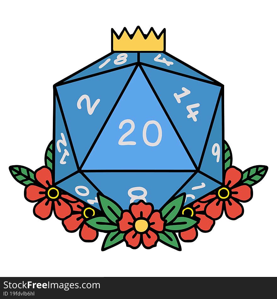 Natural 20 D20 Dice Roll With Floral Elements Illustration