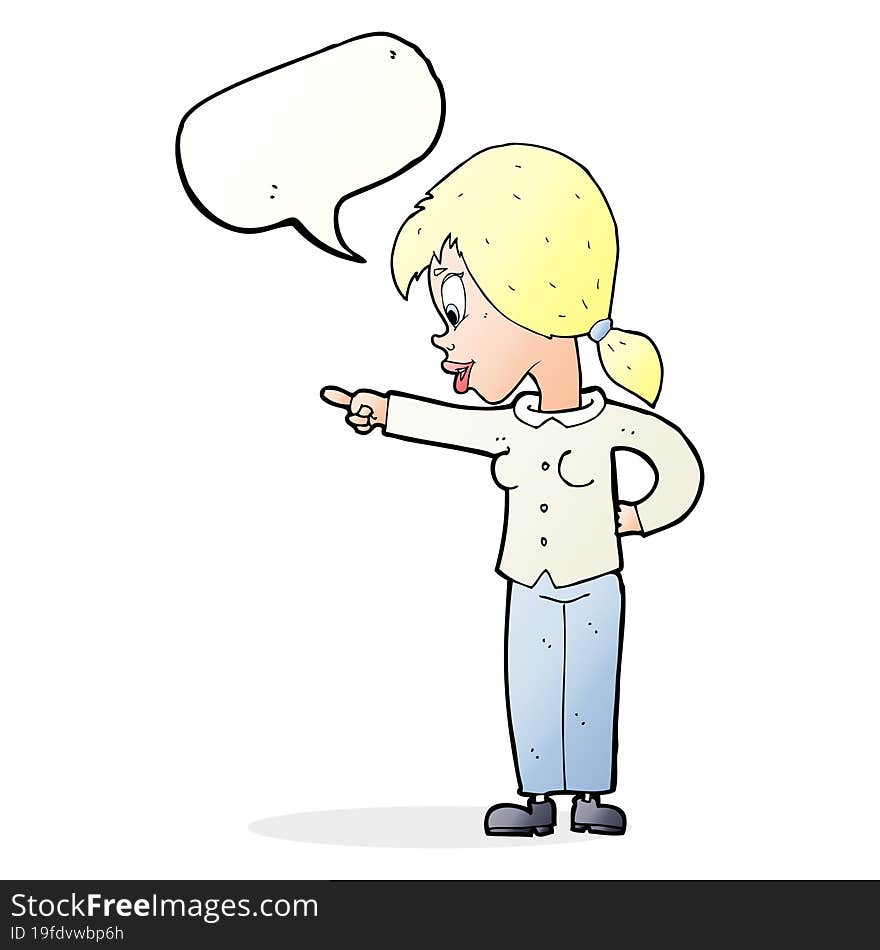 cartoon enthusiastic woman pointing with speech bubble