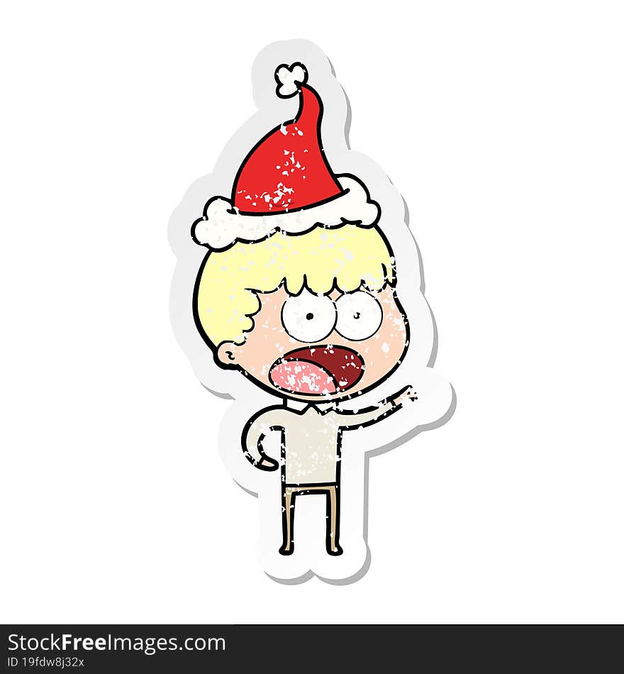 distressed sticker cartoon of a shocked man wearing santa hat