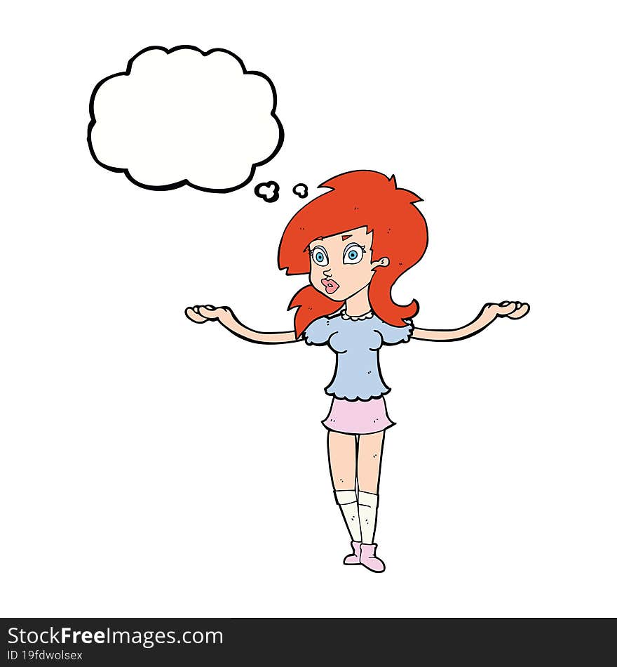 cartoon confused pretty girl with thought bubble