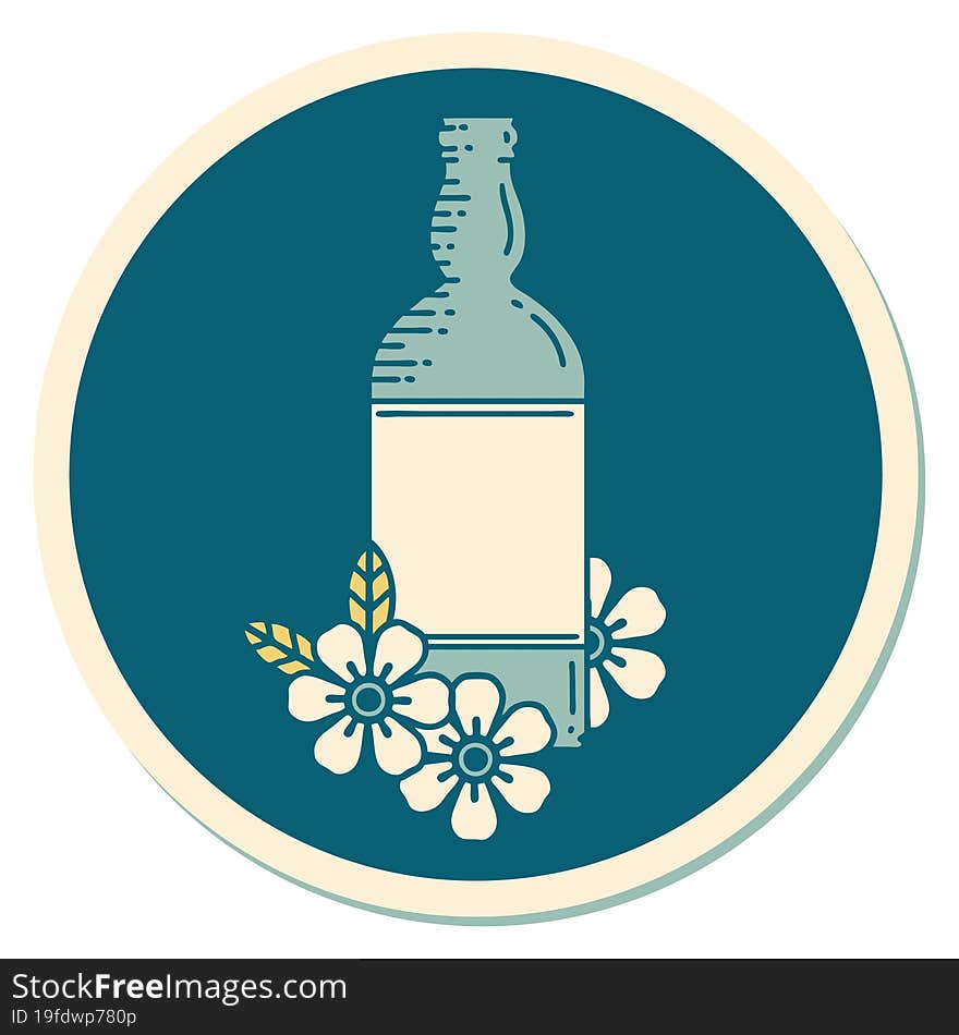 Tattoo Style Sticker Of A Rum Bottle And Flowers