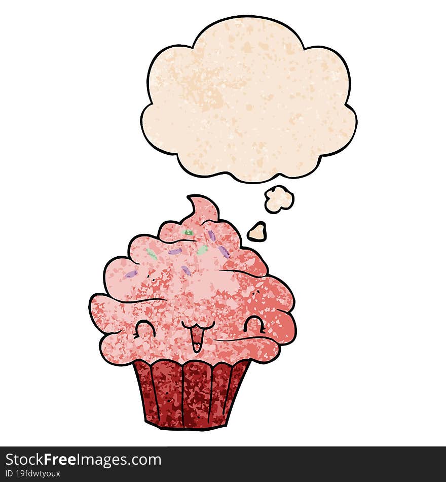 Cute Cartoon Frosted Cupcake And Thought Bubble In Grunge Texture Pattern Style