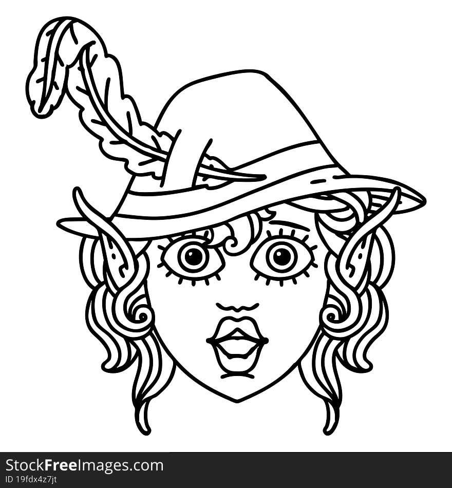 Black and White Tattoo linework Style elf bard character face. Black and White Tattoo linework Style elf bard character face