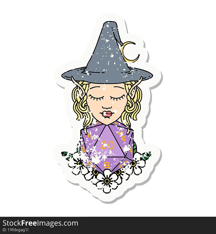 elf mage character with natural twenty dice roll grunge sticker