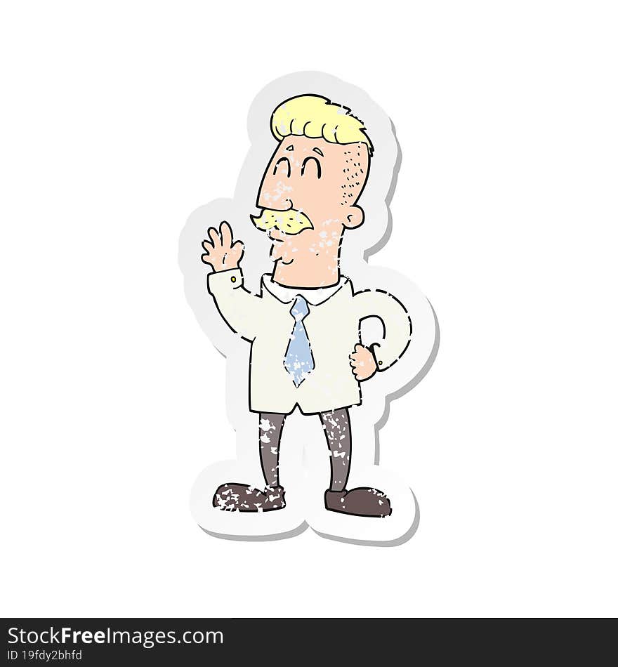 retro distressed sticker of a cartoon office man waving