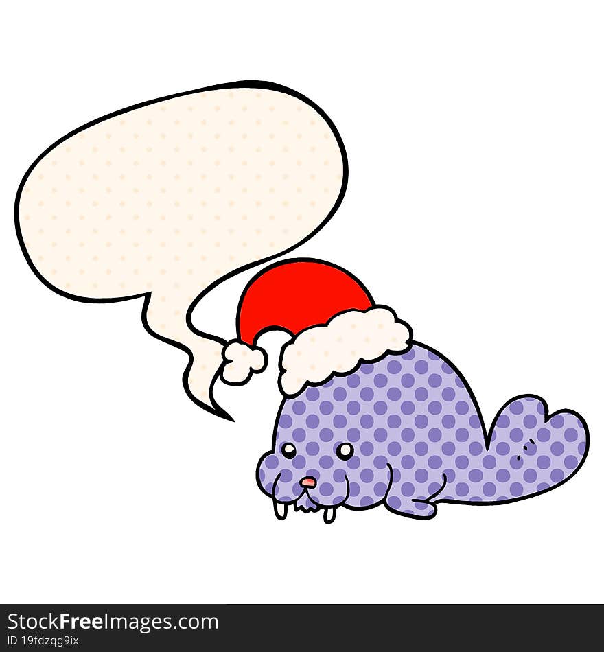 cartoon christmas walrus and speech bubble in comic book style