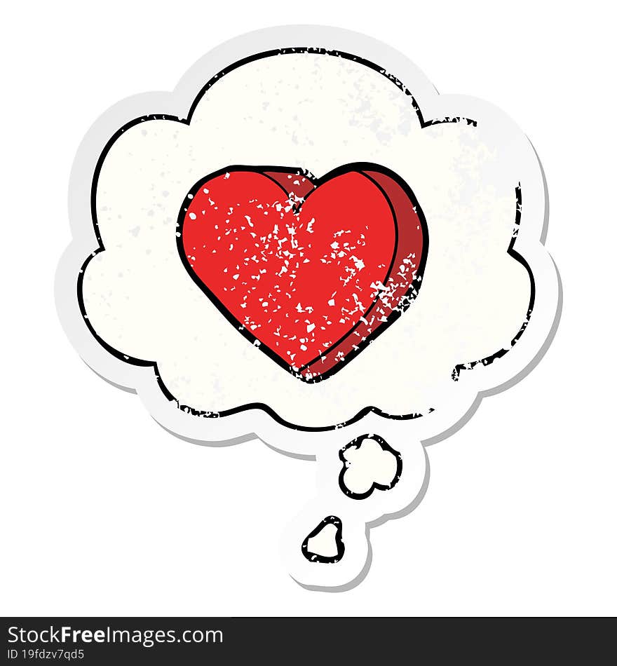 cartoon love heart with thought bubble as a distressed worn sticker