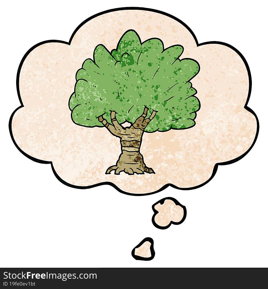 Cartoon Tree And Thought Bubble In Grunge Texture Pattern Style