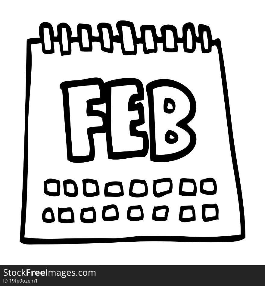 line drawing cartoon calendar showing month of february