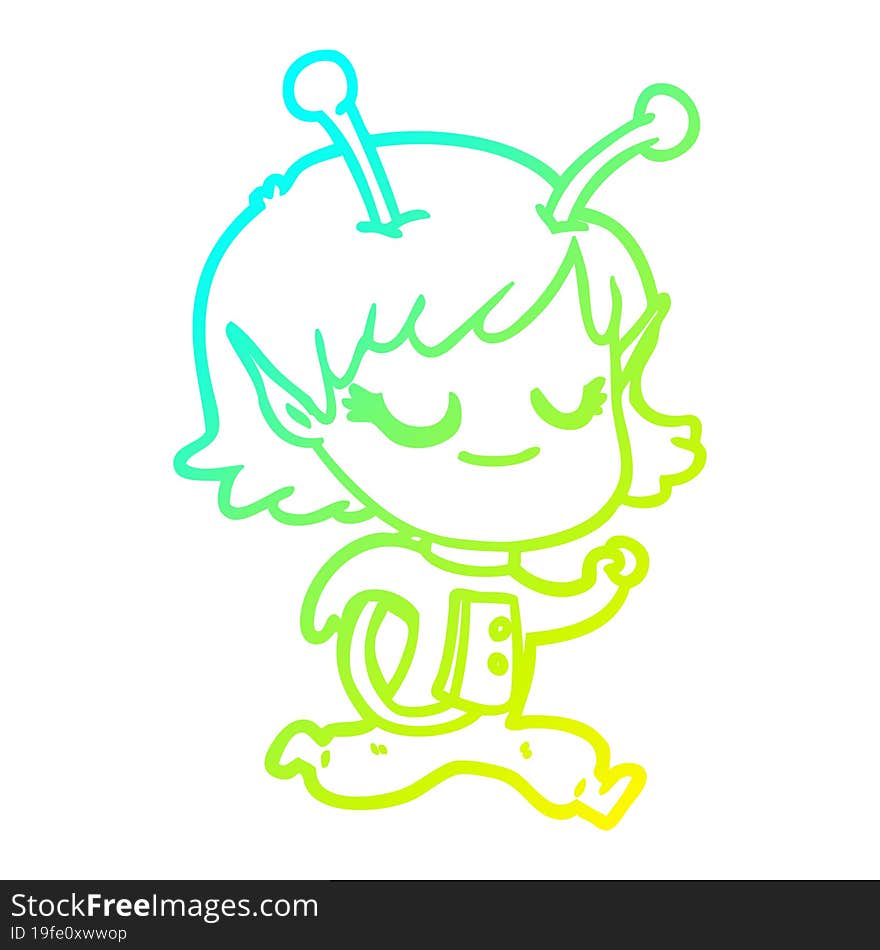 cold gradient line drawing smiling alien girl cartoon