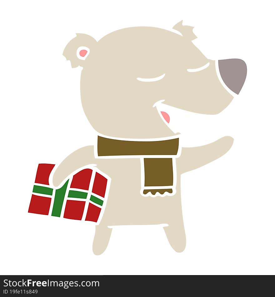 flat color style cartoon bear with present