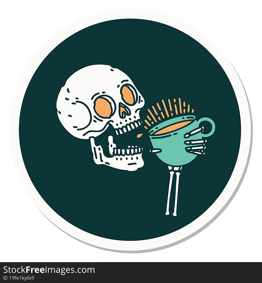 Tattoo Style Sticker Of A Skull Drinking Coffee