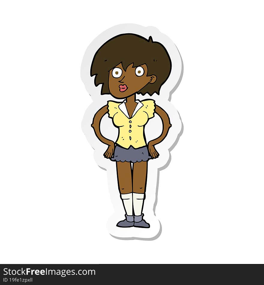 sticker of a cartoon surprised woman with hands on hips